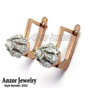 14k Solid Rose and White Gold Diamond European style Earrings #E533