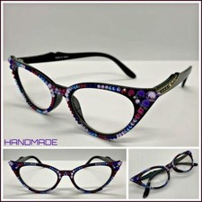 Womens Classy CAT EYE Style READING EYE GLASSES READERS Bling Crystals HandMade 