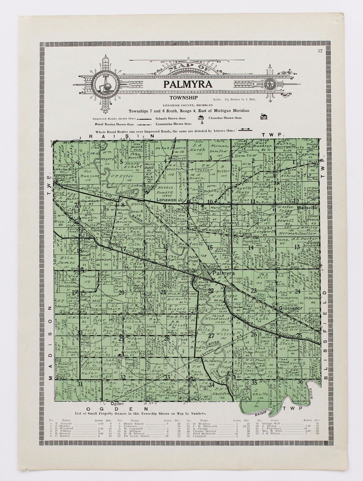 1921 Palmyra Grosvenor Michigan Map Plats Railroads Property Owners Original 