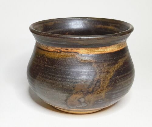Vtg JMG studio pottery brown stoneware sugar bowl wax resist yacht signed H3in - Picture 7 of 12