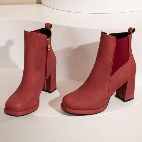 Damen Stiefeletten Mittel Blockabsatz Seitlicher Reißverschluss Chelsea Boots Schuhe - Bild 15 von 28