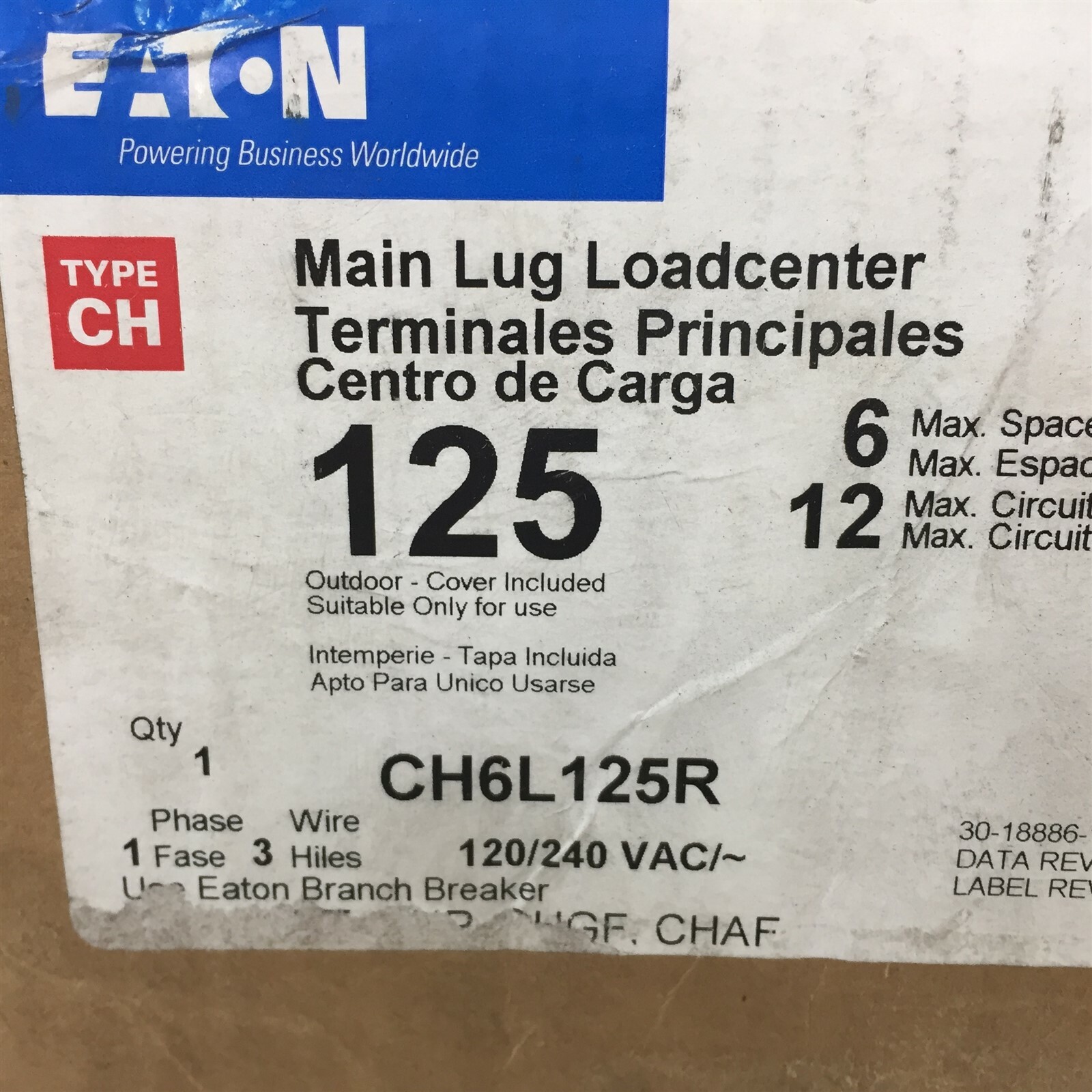 Eaton CH6L125R Main Lug Loadcenter 125A 6SP 12C 1PH 3W 120/240V Copper Bus