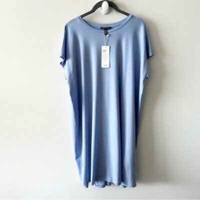 NWT Eileen Fisher Shirt Dress Size Large Boxy Shift T-shirt Solid Blue Crew  Neck | eBay