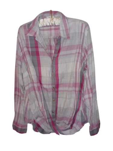 Maurices Top 0 Pink and Gray Plaid Rolled Hem Button Down Shirt Blouse Women's L - Picture 9 of 9