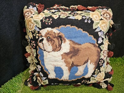 Vtg Wool Needlepoint Point Throw Pillow Bull Dog Cushion 15x15 Handmade