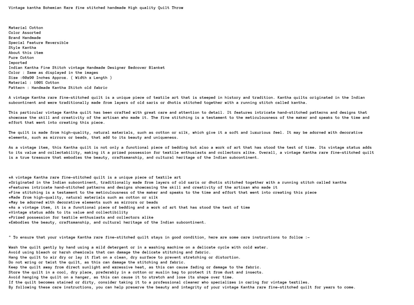 Vintage kantha handmade cotton heavy queen quilt throw 60x90" eBay