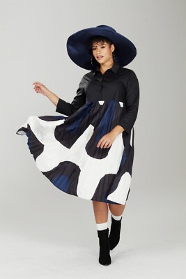Luxe Moda Pleated Print Collared Dress Black, White & Navy  