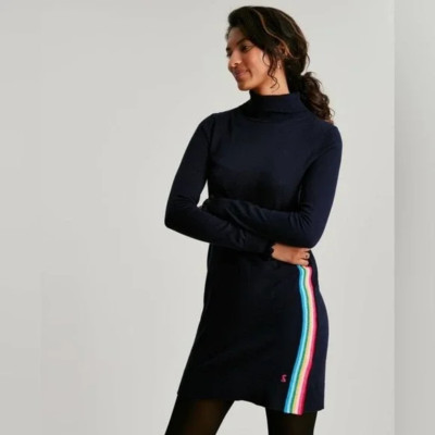 NWT Joules Womens Laurie Roll Neck Knitted Dress Long Sleeve Mini Rainbow Navy 6