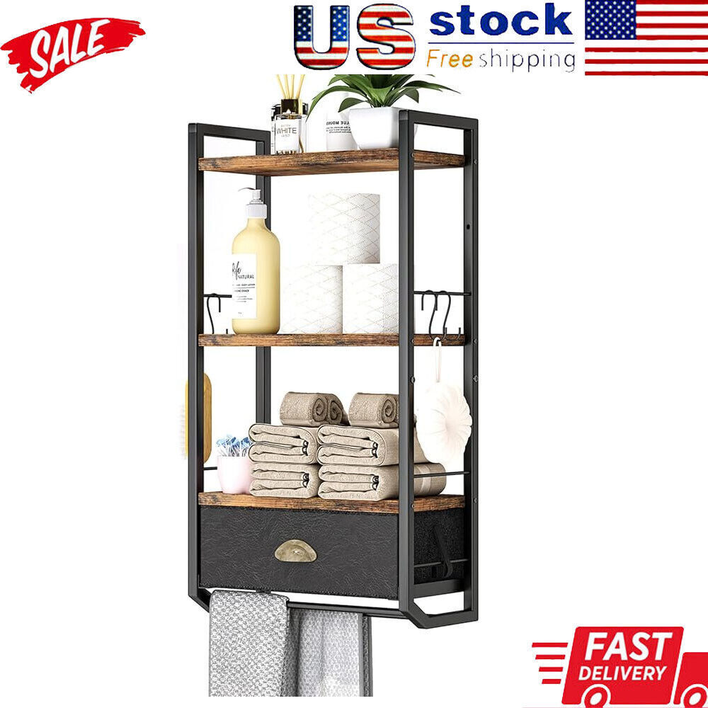 3-Tier Wall-Mounted Bathroom Organizer with Drawer Towel Bars and Hooks-image