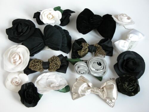 Vtg BOWS BOW Camellia B&W  Black Satin Vtg Hairstyle Barrette Floral Pins LOT - Afbeelding 1 van 5