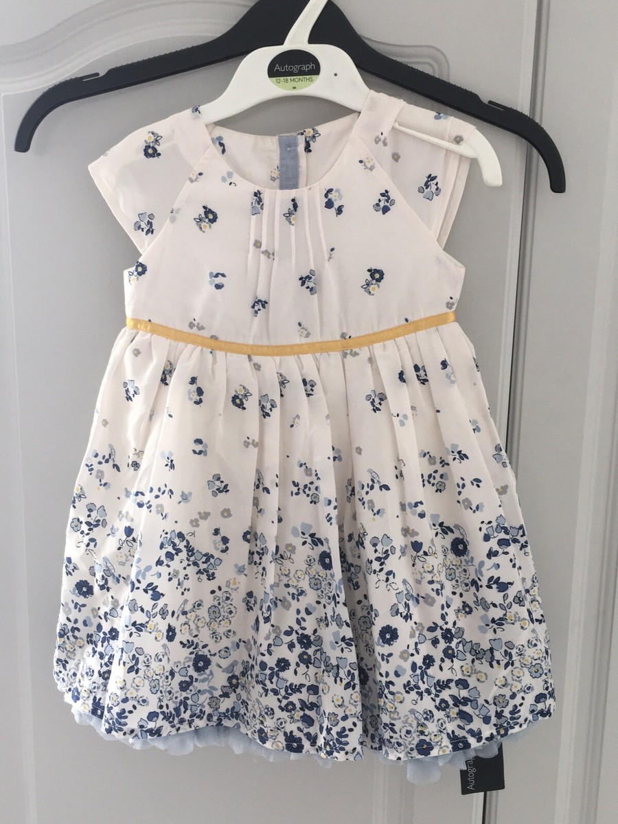 M S Marks Spencer White Blue Girls Floral Dress 12-18