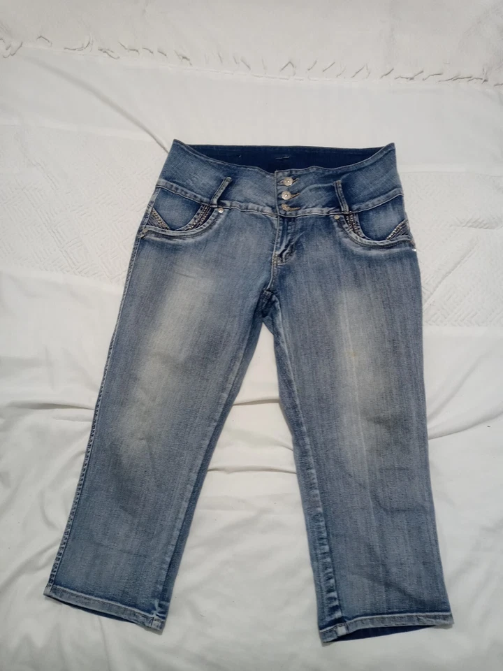 Diva Star Diseño Colombino Mujer Estrás Capris Azul Denim Elástico Talla 13 Foto 2 de 4