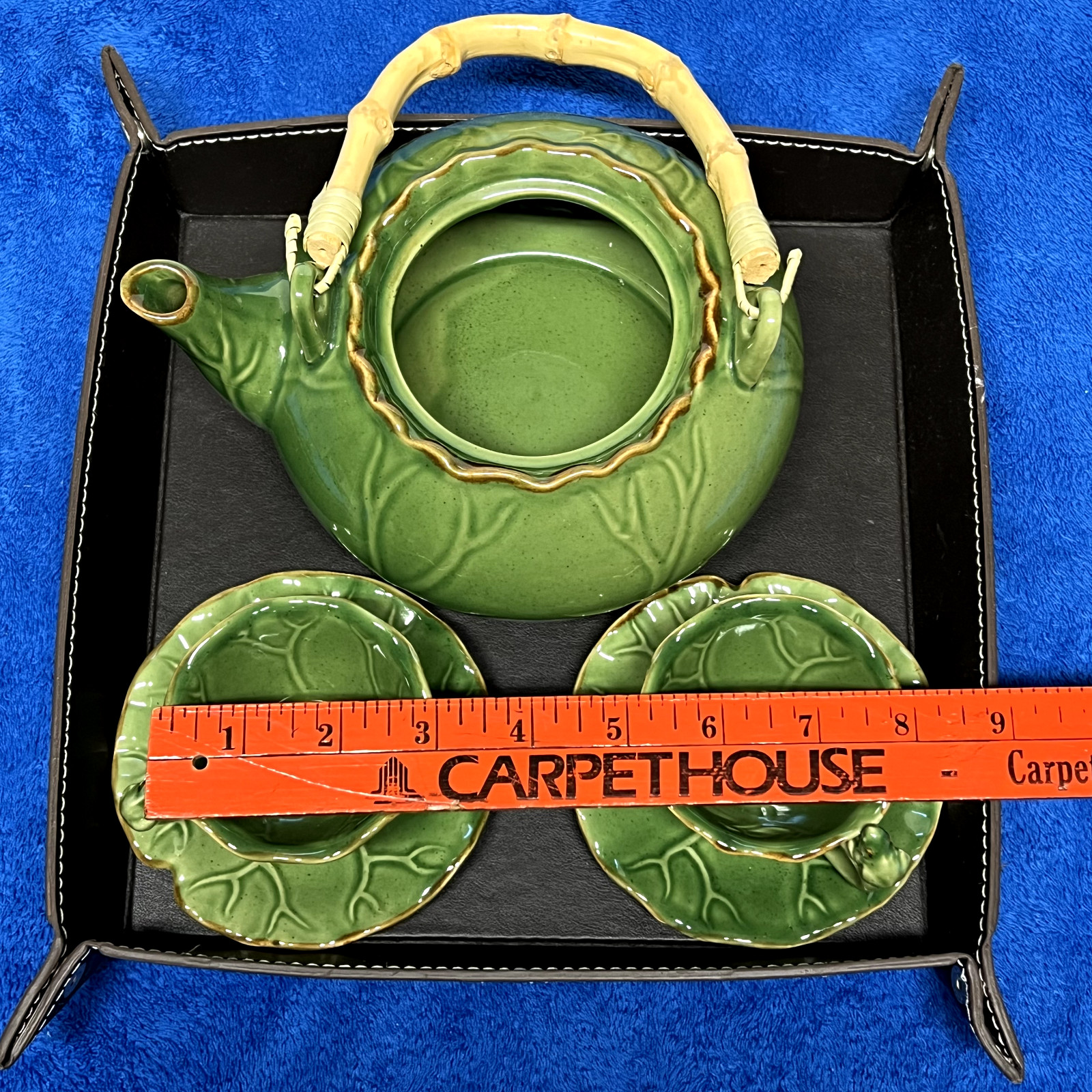 Ceramic Tea Set With Frog Motif Teapot Cups and Saucers and Tray