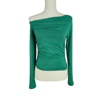Gaze Off Shoulder Top Medium Green Ruched Stretch Asymmetrical Long Sleeve