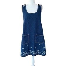 Vintage JLNY Sport Dress Denim Butterfly Embroidered Pinafore Women's Sleeveless