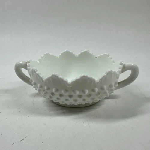 Vintage Fenton Glass Oval Nut Candy Dish 2 Handled Hobnail White Milk Glass