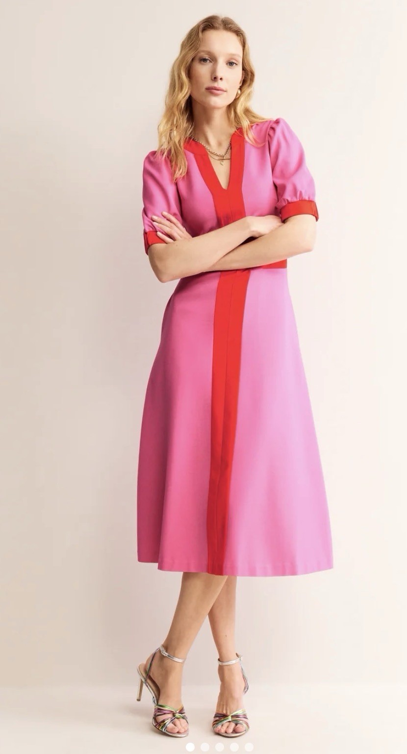 BODEN Philippa Ponte Midi Dress Size US 4R Pink Red Sangria Sunset Puff Sleeve
