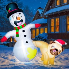 5FT Christmas Inflatables Pug Dog Peeing on Snowman,Christmas Decoration Outdoor