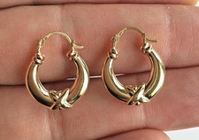 Real 10K Yellow Gold Polished Hoop Earrings 20mm x 15mm - X Design - 0.9gr