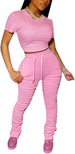 Women'S 2 Piece Outfits Bodycon Lounge Wear Crop Top Stacked Pants Going Out Jog