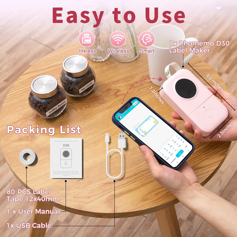 Portable Bluetooth Label Maker D30 Mini Handheld Printer for Home Office Organization