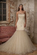 VTG Mori Lee Y2K Ivory Pink Beaded Tulle Mermaid Ethereal Fairy Prom Gown XS 1/2