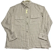 MAX STUDIO London Women's Gingham Plaid Shirt Jacket Button Front Beige L