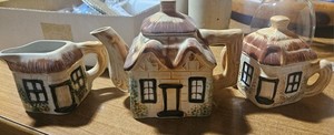 Cottage House Ceramic Glazed 3pc Tea Set Teapot Lid Creamer Sugar Bowl 5oz