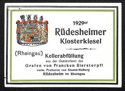 German Rüdesheimer Klosterkiesel Wine Label 1929 w/ Gold Ink (#2) - Image 1 of 2