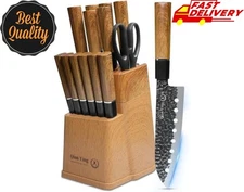 Knife Set, 15-Piece Kitchen Knife Set with Block Wooden German Stainless Steel