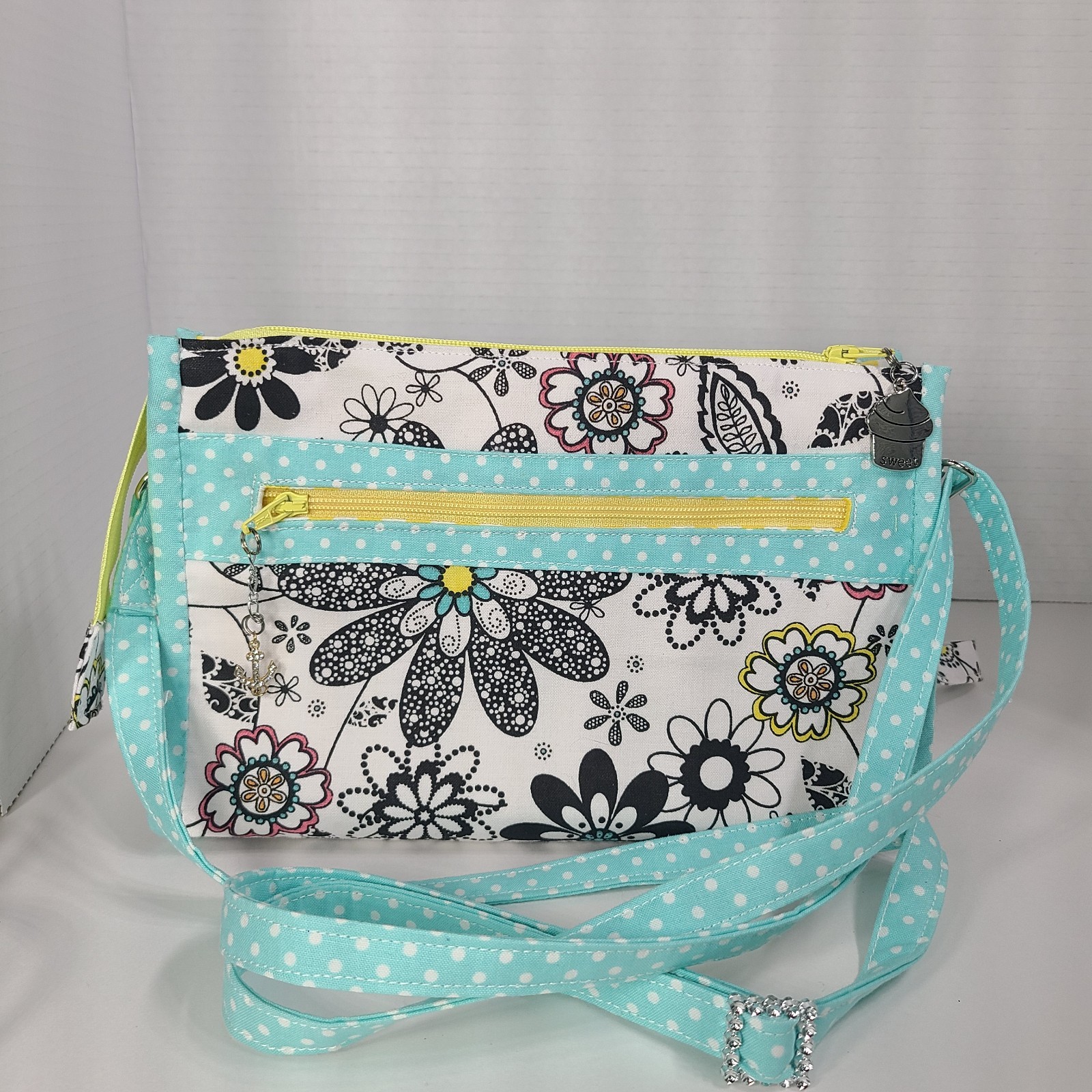 Teen Crossbody White Black Floral Mint & Yellow Fabric 6" x 9" Purse Embellished