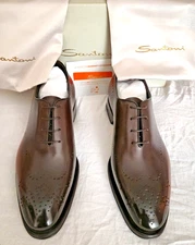 NIB Santoni Kaj Brogue One Piece Bicolor Shoes Calf Leather Brown US 9.5 $1600