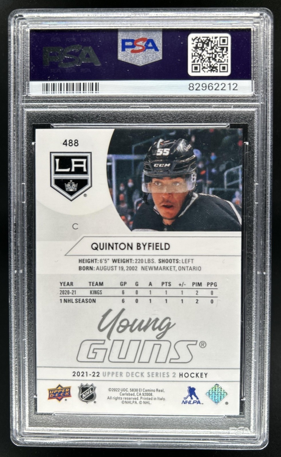 2021-22 Upper Deck Quinton Byfield Rookie Young Guns RC #488 Kings PSA 9 view 2