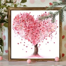 Romantic Heart Tree Framed Wall Art Pink Love Decor for Valentine's Day Bedroom