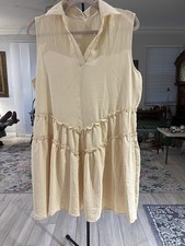Women's L Beige Solid Shift Collared Tiered Ruffle Sleeveless Short Dress
