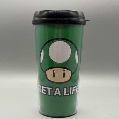 1-Up Mushroom  Get a Life  Green Plastic Travel Tumbler w/ Black Lid 16 oz