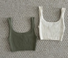 Aritzia Wilfred Manila Crop Ribbed Sweater Tank Top Size 2XS Green  Cream 2 Pc