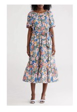 MELLODAY Blue Floral Print Poplin Midi Dress Size Smal BNWT