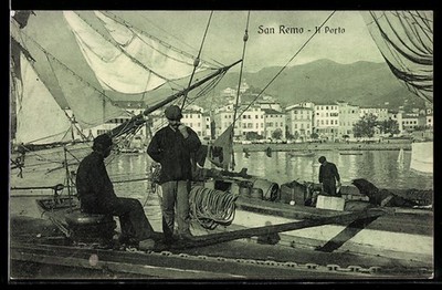 San Remo, Il Porto con marinai su una barca a vela, Ansichtskarte 1912 