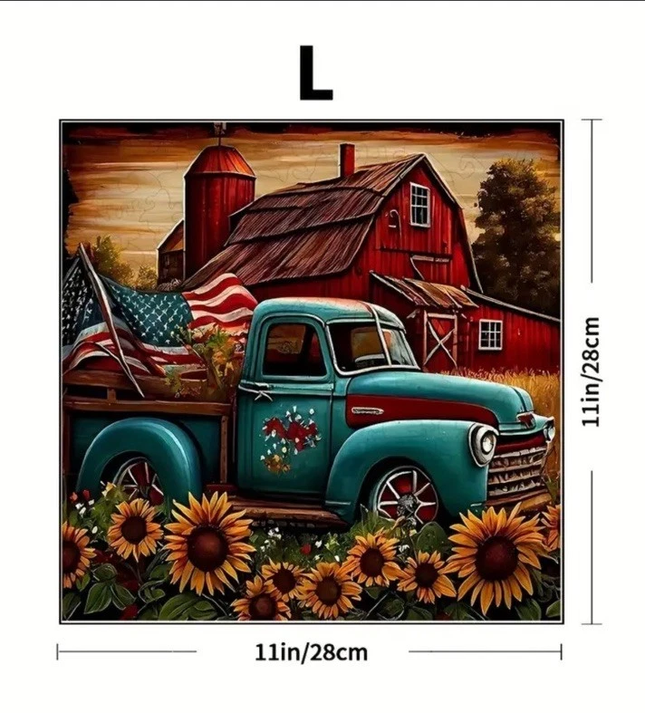 Деревянная головоломка старый грузовик и фермерская сцена, американский флаг лобзик 11 дюймов x 11 дюймов большой - Изображение 2 из 4