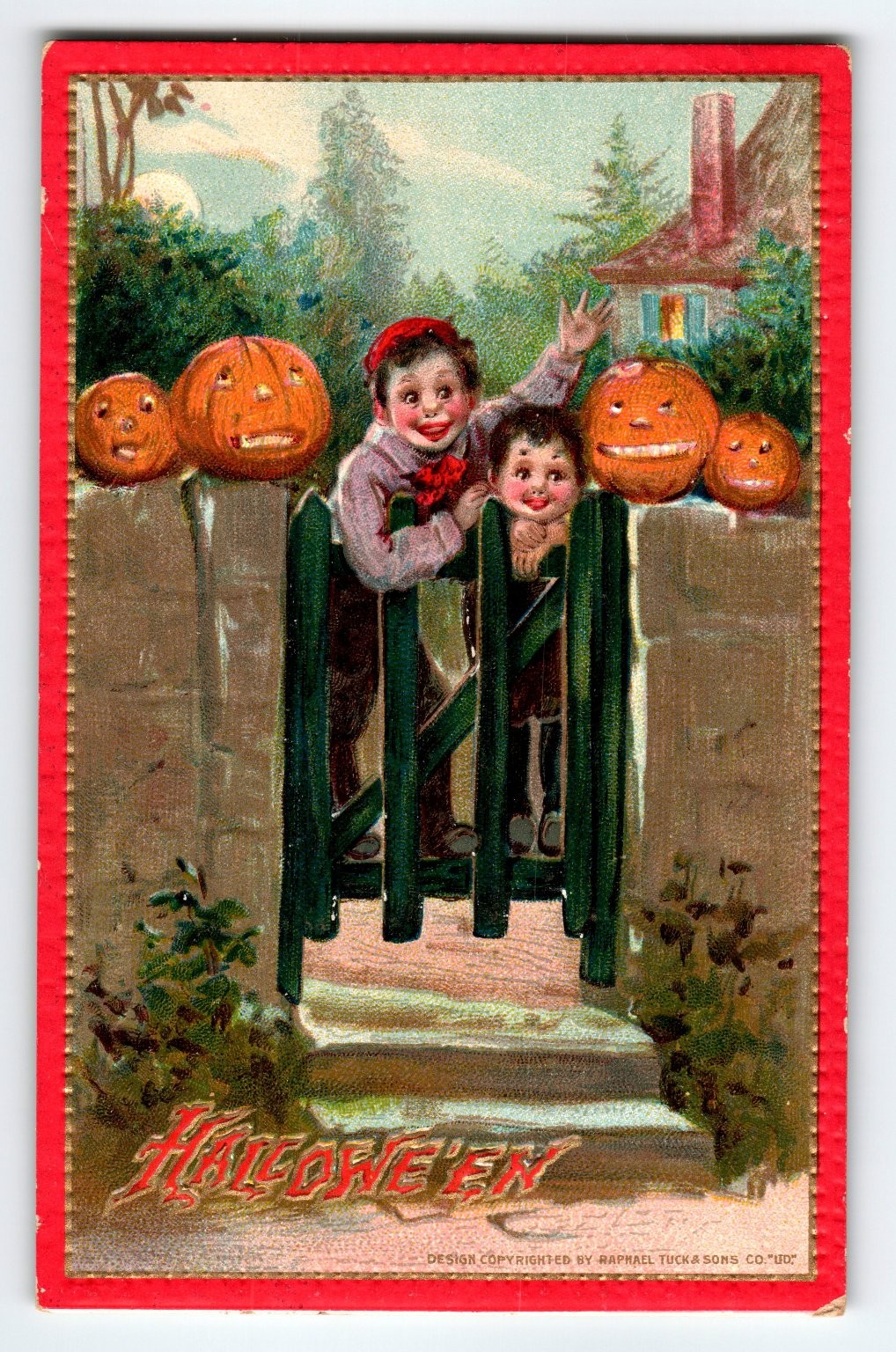 Vintage 1911 Halloween Tuck's Postcard Kids & Jack-O'-Lanterns Embossed Antique