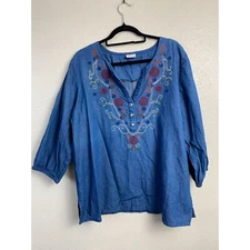 Canyon Sky Womens Embroidered Denim Chambray Long Sleeve Top Blue Size XL Cotton