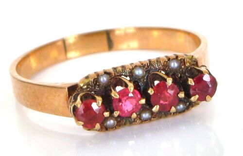 ANTIQUE BEAUTIFUL 14K YELLOW GOLD GARNET SEED PEARL VICTORIAN ERA RING S7.5 2.3G