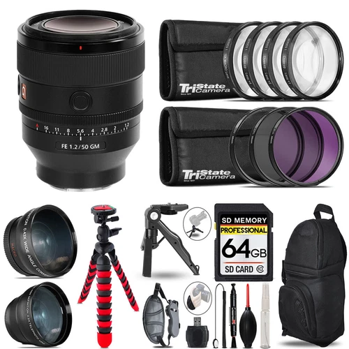 Sony FE 50mm f/1.2 GM Lens (Sony E) - 3 Lens Kit + Tripod +Backpack -64GB Kit