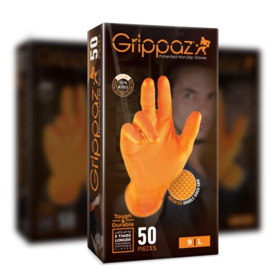 GRIPPAZ ORANGE DISPOSABLE NITRILE GRIP GLOVES PACK OF 50