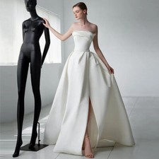 Strapless Satin Wedding Dresses，Side Slit Sexy Backless Pleated Bridal Gowns New
