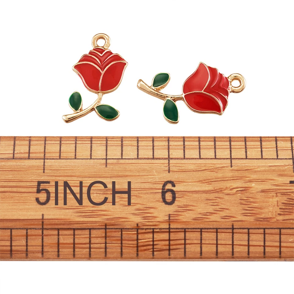 100pc Alloy Enamel Pendants Red Flower Mini Charm Craft Jewelry Making 23.5x12mm - Image 3 of 4