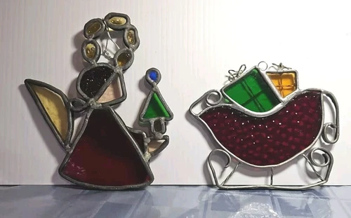 Vintage Christmas Angel & Santa's Sleigh Stained Glass Suncatchers Lot of 2