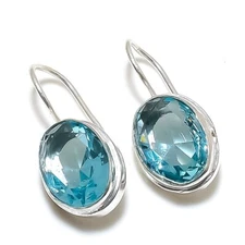 Aqua Aquamarine Gemstone 925 Sterling Silver Jewelry Stud Earring Sz 0.75''