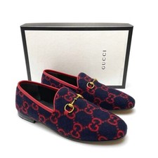  980 GUCCI SHOES US 5.5 / 35.5 JORDAAN GG LOGO BLUE WOOL LOAFER w HORSEBIT